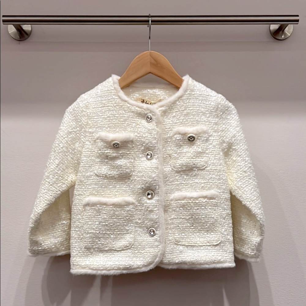Girls Fur Trim Tweed Jkt Ivory